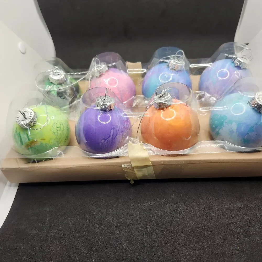 Hand Crafted Colorful Glass Ornaments Set Of 8 One Of A Kind Original Fluid Art